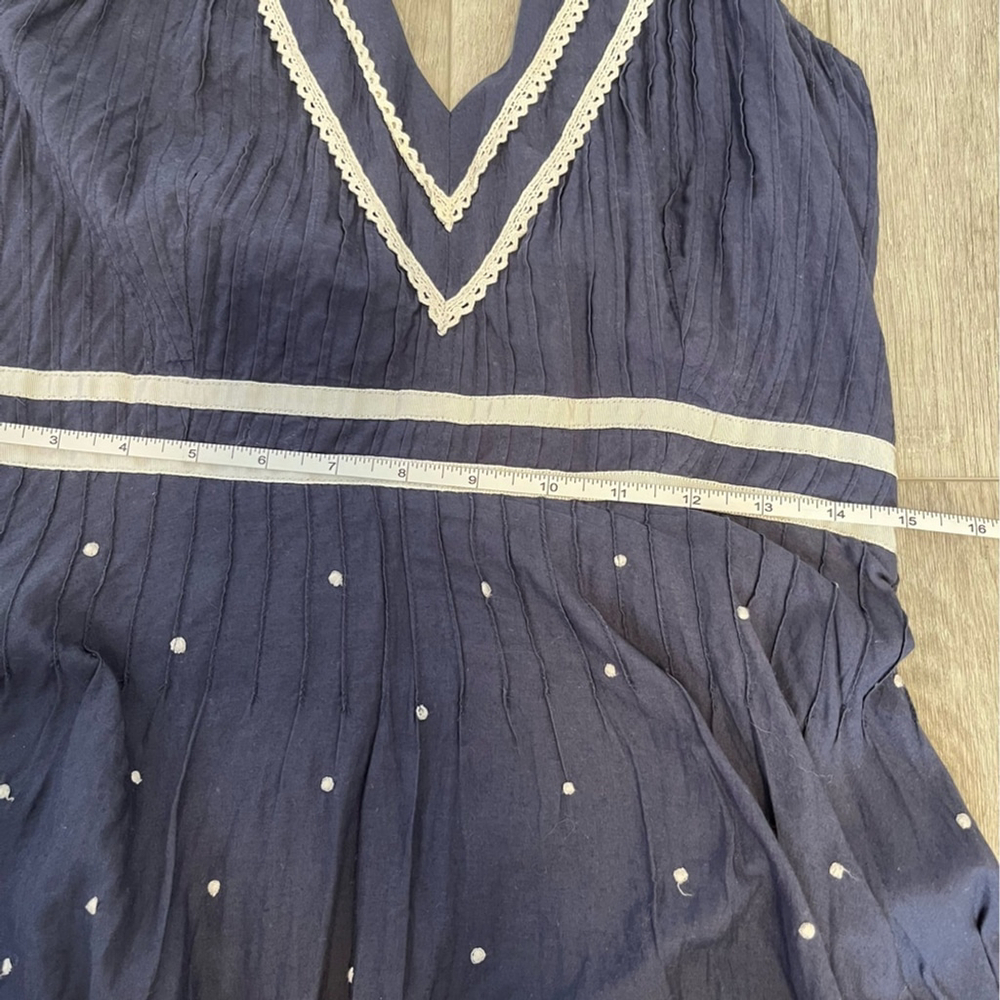 GUESS Retro Halter Midi Dress Navy Cotton With Cream Crochet and Embroidery Trim - Picture 7 of 12
